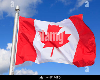 Brandir le drapeau canadien sur le vent avec ciel bleu et des nuages blancs de fond Banque D'Images