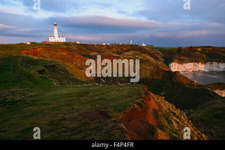 La côte sauvage avec Phare, les falaises de craie et de flore élevé comme l'aube sur la mer du Nord à Flamborough Head. Banque D'Images