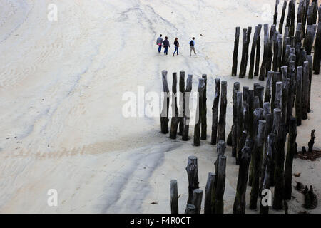 France, Bretagne, Saint Malo, personnes marchant à marée basse à pied sur la plage de sable, poteaux de bois coincé dans le sable, s'alignent en ro Banque D'Images