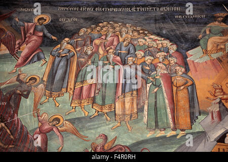 Fresque murale à Horezu Monastère Hurezi, dans l'ouest de la Valachie, en Roumanie, au pied des montagnes des Carpates. Le monaster Banque D'Images