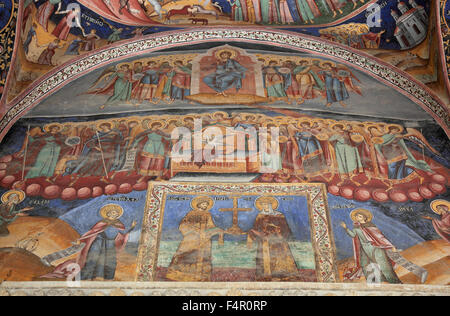Fresque murale à Horezu Monastère Hurezi, dans l'ouest de la Valachie, en Roumanie, au pied des montagnes des Carpates. Le monaster Banque D'Images