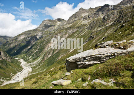 La Suisse, l'Europe, Grisons, Grisons, Vals, Canaltal, Parc Adula Adula,, montagnes, rochers, falaises, prairies, été, vallée, Banque D'Images