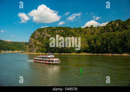 Maison de vacances de bateau, Allemagne, Europe, Sendenhorst, Lorelei, rock, vallée du Rhin moyen, Rheinland-pfalz, Rhin, Saint Goarshausen, Banque D'Images