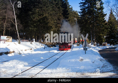 Route, chemin de fer, de la gare, la circulation routière, Brocken, road, vapeur, train, locomotive, train à vapeur, l'Allemagne, fer, Résine, Har Banque D'Images