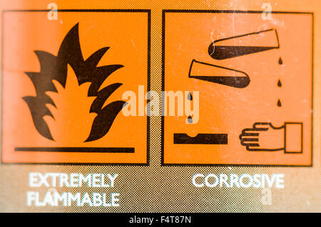 Extrêmement inflammable et corrosif étiquettes d'avertissement sur un produit de nettoyage Banque D'Images
