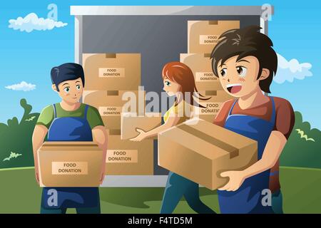 Un vecteur illustration de l'équipe de travail au centre de dons alimentaires Illustration de Vecteur