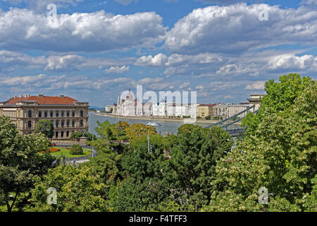 Mont Buda, Adam Clark, Clark Adam ter square, le parlement, le Danube, le pont Szechenyi Lanchid, suspension Banque D'Images