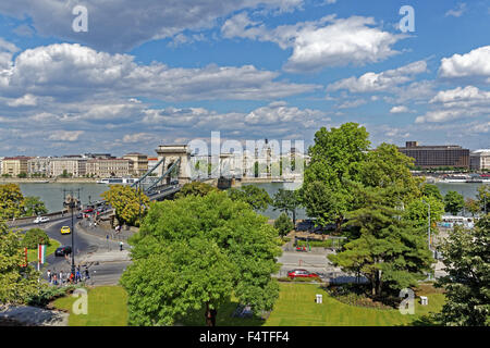 Mont Buda, Adam Clark, Clark Adam ter square, le Danube, le pont Szechenyi Lanchid, suspension Banque D'Images