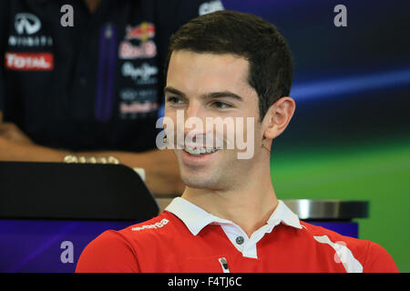 22.10.2015. Circuit des Amériques Austin, Texas, USA. Grand Prix de Formule 1. L'arrivée des pilotes et conférence de presse. Manor Marussia F1 Team &# x2013 ; Alexander Rossi Banque D'Images