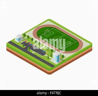 Stade de football isométrique pelouse, arbres et bâtiments Illustration de Vecteur