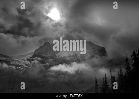 Le soleil éclate à travers quelques temps de neige le long du sentier des lacs de Joffre en C.-B., Canada. Banque D'Images