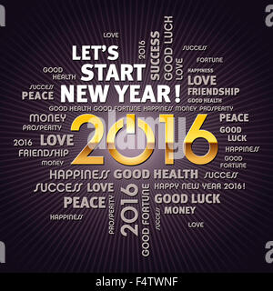 Mots d'accueil autour de 2016 type de l'année en or avec un bouton d'alimentation Banque D'Images