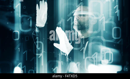 Lunettes de réalité virtuelle futuriste concept, hacker en gants blancs Banque D'Images