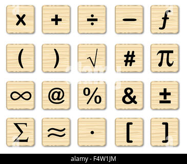 Un ensemble de symboles mathématiques sur des carrés de bois sur un fond blanc Banque D'Images