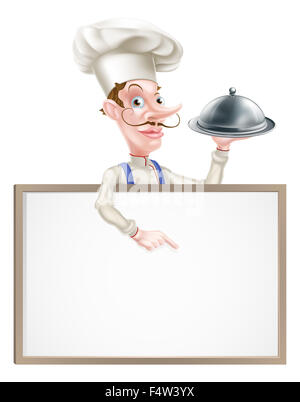 Une illustration d'une caricature chef holding une cloche d'argent ou le dôme et montrant une pancarte Banque D'Images