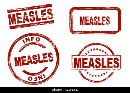 Ensemble de timbres rouge stylisé montrant l'expression de la rougeole. Le tout sur fond blanc. Banque D'Images