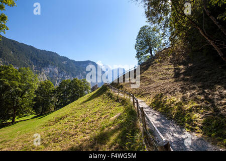 Paysage avec un petit sentier de montagne et la main courante autour d'elle. Les virages du sentier conduit jusqu'à la montagne. C'est un été ensoleillé Banque D'Images