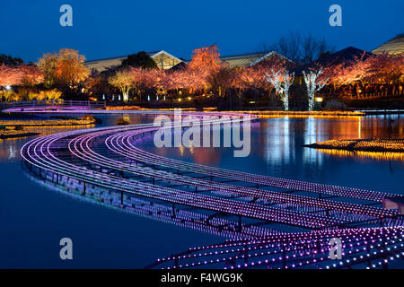 Nabana no Sato l'éclairage d'hiver. Stream de lumières à travers l'étang. Attractions touristiques de Nagoya. Banque D'Images