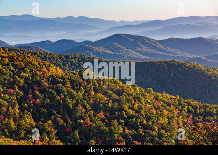 Feuillage de l'automne au lever du soleil dans le Parc National de Blue Ridge Pounding Mill donnent sur l'extérieur de Asheville, Caroline du Nord. Banque D'Images