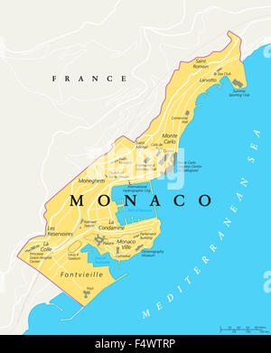 Carte politique de Monaco. Dans l'état de la ville sur la côte d'Azur, France, avec des frontières nationales, des bâtiments importants et des sites touristiques. Banque D'Images