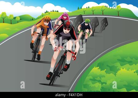 Un vecteur illustration de groupe de course cycliste sur la rue allant jusqu'à la montagne Illustration de Vecteur