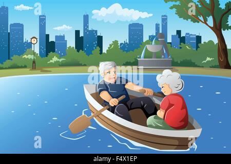 Un vecteur illustration de happy senior couple rowing un bateau sur le lac Illustration de Vecteur