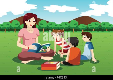 Un vecteur illustration de livre de lecture de l'enseignant pour les enfants d'âge préscolaire dans le parc Illustration de Vecteur