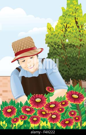 Un vecteur illustration de belles senior woman gardening Illustration de Vecteur