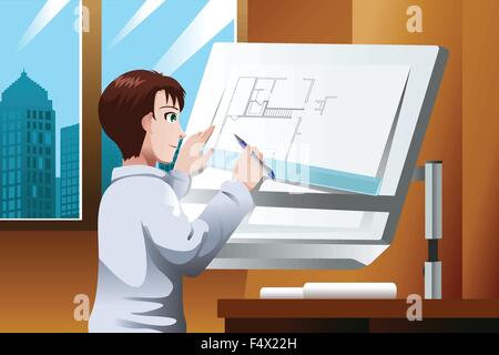 Un vecteur illustration de l'architecte de travailler sur plan directeur dans le bureau Illustration de Vecteur
