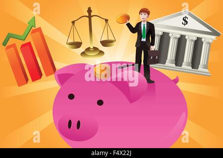 Un vecteur illustration de l'homme d'affaires avec les postes financiers concept Illustration de Vecteur