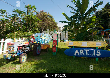 L'Art, cimetière de surf peu de ciel pour peintures artistiques sur les brisures et de vieilles voitures et de truks. Haleiwa Hawaii Oahu côte-nord Banque D'Images