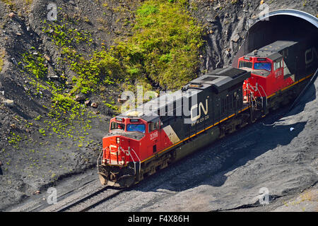 Un close up image horizontale d'un train du Canadien National voyageant à travers un tunnel moteur Banque D'Images