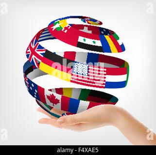 Drapeaux du monde sur un globe, tenue à la main. Vector illustration. Illustration de Vecteur