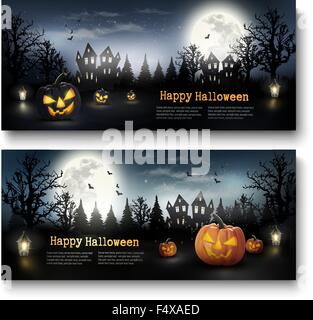 Maison de deux bannières d'Halloween avec des citrouilles et de la Lune. Vector Illustration de Vecteur
