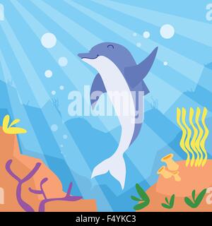 L'océan profond sous-marin Dolphin caricature bas colorés des récifs coralliens Illustration de Vecteur