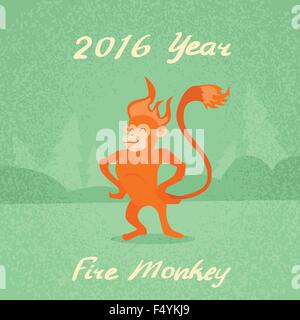 Fire Monkey Cartoon Character Retro Nouvelle Année 2016 Illustration de Vecteur