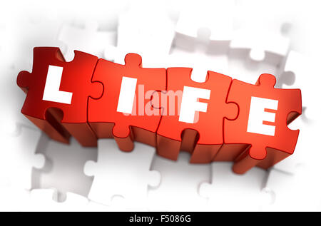 Texte sur la vie - Puzzles rouge sur fond blanc. 3D Render. Banque D'Images