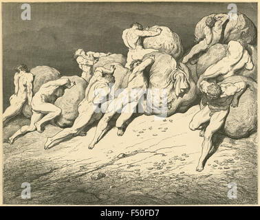 Gravure ancienne vers 1890, Dante's Inferno par Gustave Dore, Canto VII 65-67 Lignes, 'pas tout l'or qui se trouve sous la lune, ou jamais a été, ou ces âmes usées-labeur, peut acheter reste pour l'un." Banque D'Images