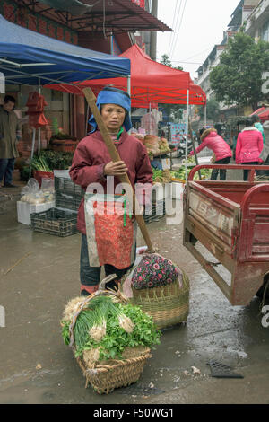 (Peut-être femme Buyei) au marché avec son pôle transport et de paniers de légumes, Rongjiang, province de Guizhou, Chine Banque D'Images