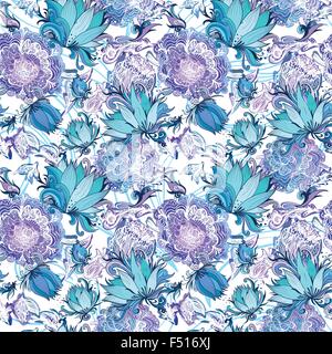 Seamless texture en bleu, l'azur, les couleurs violet et turquoise avec lotus, Lily et pivoines Illustration de Vecteur