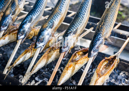 Stockfisch, un plat de poisson préparé sur un bâton en bois, est grillé sur un barbecue Banque D'Images