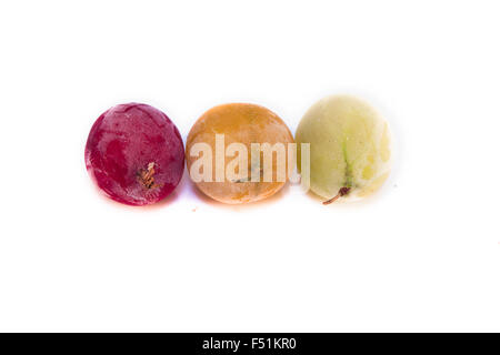 Frozen, rouge, vert et jaune, les groseilles à maquereau Ribes uva-crispa, isolé sur fond blanc Banque D'Images