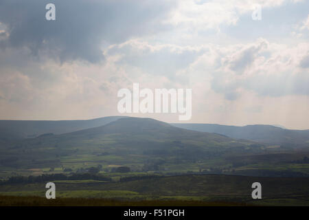 Vue de Swaledale vers Birkdale, qui s'étend généralement de l'ouest à l'Est. Au sud et à l'est de la crête, un certain nombre de petites dales. Swaledale est un calcaire typique Yorkshire dale, avec ses petites routes de fond de vallée, de vertes prairies et champs fellside, moutons blancs et de murs en pierre sèche sur le glacier-formé et plus sombre, et d'autre de la vallée de la lande d'horizon. Yorkshire, Angleterre, Royaume-Uni. C'est une région agricole où la vie rurale dans la campagne est au centre de la vie dans ce comté du nord. Banque D'Images
