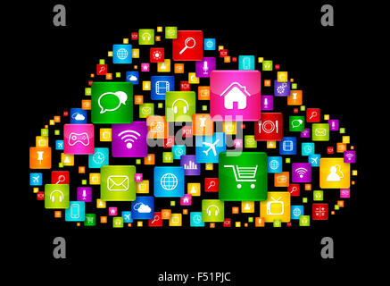 Cloud computing applications. symbole icons set isolated on black Banque D'Images
