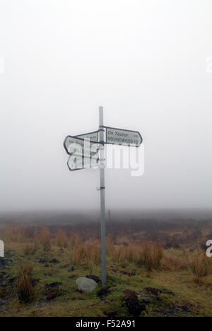 Panneau de circulation avec du brouillard en anglais et en gaélique langue dans la montagne Wicklow Irlande, Europe Banque D'Images