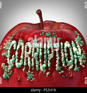 Symbole de la corruption et pourri jusqu'à l'idée fondamentale que le moule en forme de champignon ou sous forme de texte sur une pomme qui représente la loi pénale de la corruption et la fraude comme une métaphore juridique pour malhonnête un comportement immoral. Banque D'Images