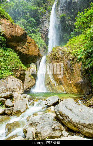 Une chute d'eau haute et étroite coule le long d'une falaise rocheuse dans un bassin clair et verdâtre en contrebas. L'eau continue sur des rochers lisses et arrondis au premier plan, créant un ruisseau doux. Le Banque D'Images