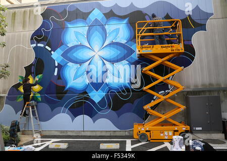 Un artiste peint une fresque murale géante sur Octobre 23, 2015, Tokyo, Japon - La fresque est peinte sur un entrepôt à Bond Street de Tokyo, l'Tenjozu Isle dans le cadre des huit jours de peinture murale extérieure exposition appelée Pow ! Wow ! Le Japon dans laquelle plus de 20 artistes du Japon et à l'étranger participeront à montrer leurs œuvres. C'est prévue pour la période allant de 17 à 25 octobre. © Haruyoshi Yamaguchi/AFLO/Alamy Live News Banque D'Images