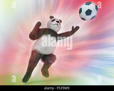Panda sauvage dans le gardien de saut rapide essayant d'attraper un ballon de soccer sur un arrière-plan flou. aquarelle personnage debout Banque D'Images