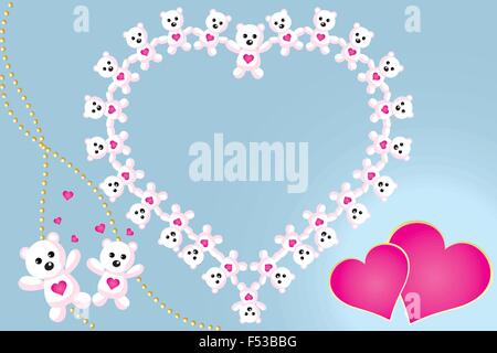 Modèle de carte pour la Saint-Valentin avec mignon teddies et coeurs sur fond bleu Illustration de Vecteur